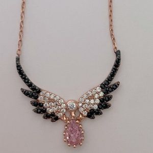 925 Silver angel wing necklace cz 14k rose gold plated with big pink stone wings